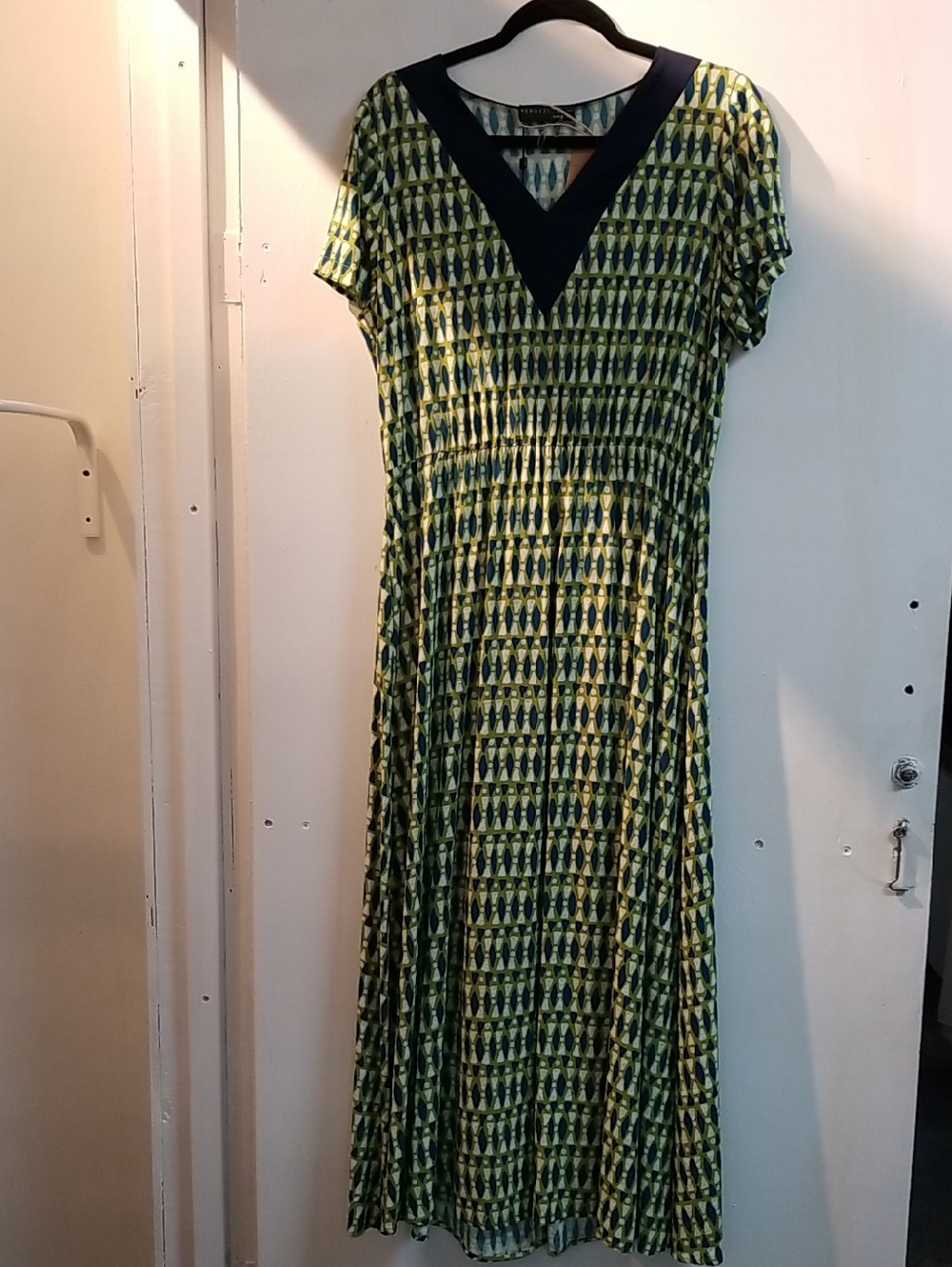 Geometric Print V-Neck Maxi Dress in Green